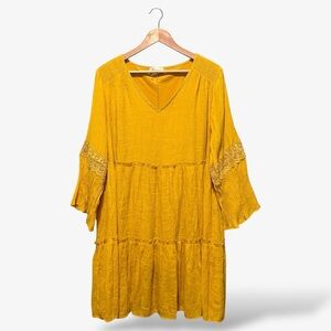 Yellow Boho Gauzy V-Neck Dress Plus Size 3X Just Found Bell Lace Sleeve Casual